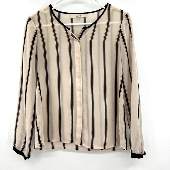Loft Ivory Black Stripe Button Down Sheer Blouse Women's Small Petite - Picture 1 of 3